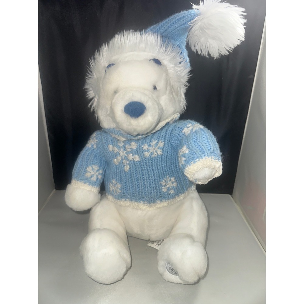 Disney Store Winnie the Pooh White Plush Winter Snowflake Blue Sweater Hat 12in